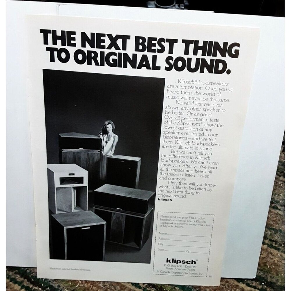 1978 Klipsch Speakers Best Thing To Sound Original vintage print ad 70s